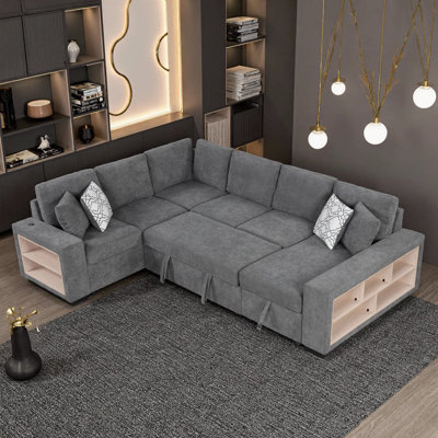 Canapé-lit modulaire convertible en forme de U avec méridienne de rangement, ports USB et revêtement en chenille, beige