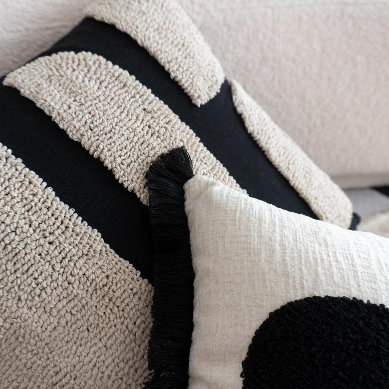 Housse de coussin touffetée bohème noir crème, housse de coussin décorative carrée neutre 18 x 18