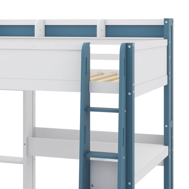 Lit mezzanine complet avec tablettes, tringles à vêtements et bureau, Blanc / bleu