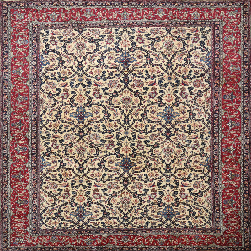 Tapis traditionnel rouge / crème, Carré 4 pi