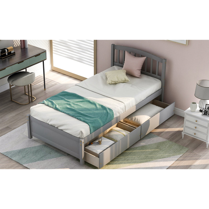 Cadre de lit plateforme simple avec deux tiroirs et tête de lit, gris, Grey