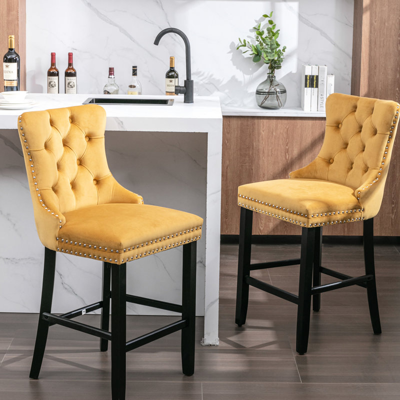 Velours contemporain avec panneau intérieur multicouche, fabrication en bois massif - de 2 élégantes chaises de bar rembourrées en acier à garniture en acier