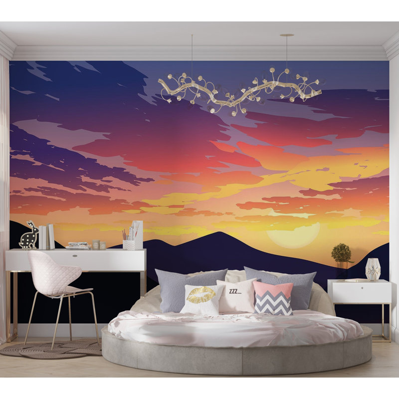 Murale pelez et collez de qualité supérieure - Silhouette de montagne au coucher du soleil, L 120 po x L 96 po
