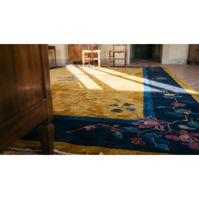 Antique Art Deco Room Size Wool Blue Navy, Gold Rug