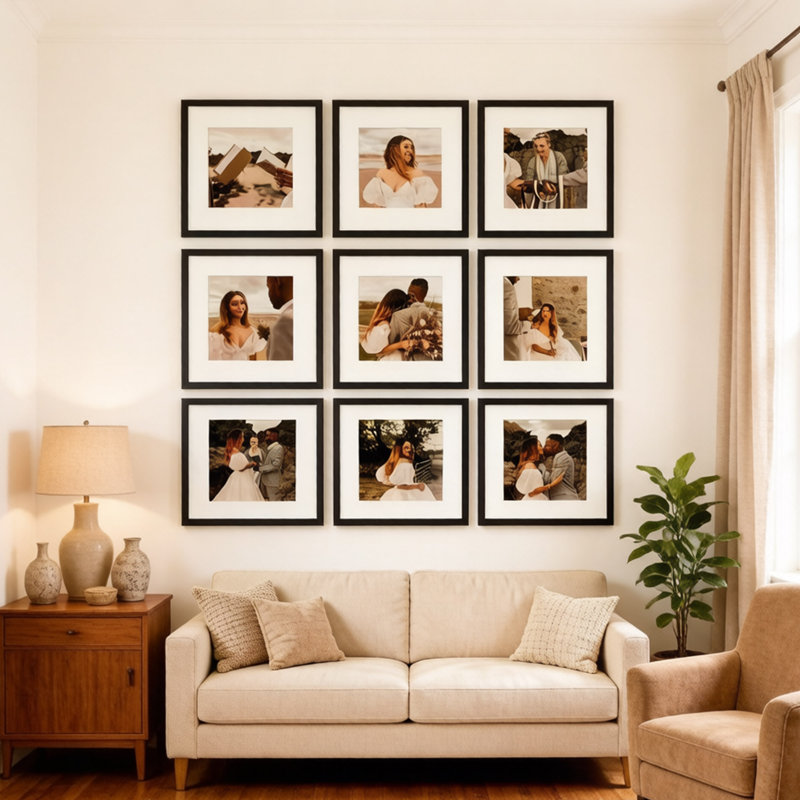 Ensemble de 9 cadres photo 12 x 12, cadres muraux carrés avec photos 8 x 8 avec passe-partout ou 12 x 12 sans passe-partout