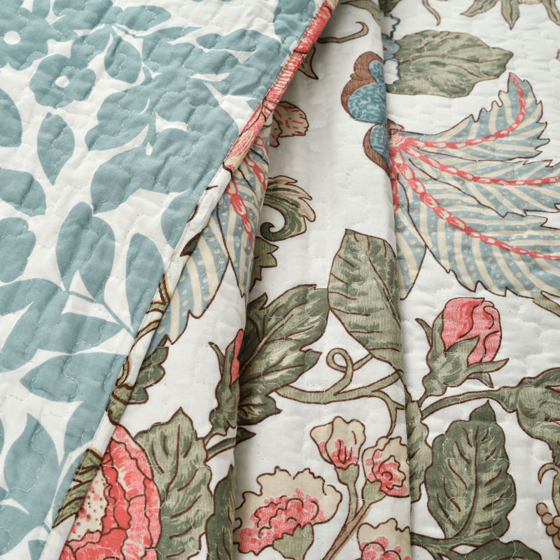 Sydney Green and Blue Cotton Reversible Floral Full Quilt Set