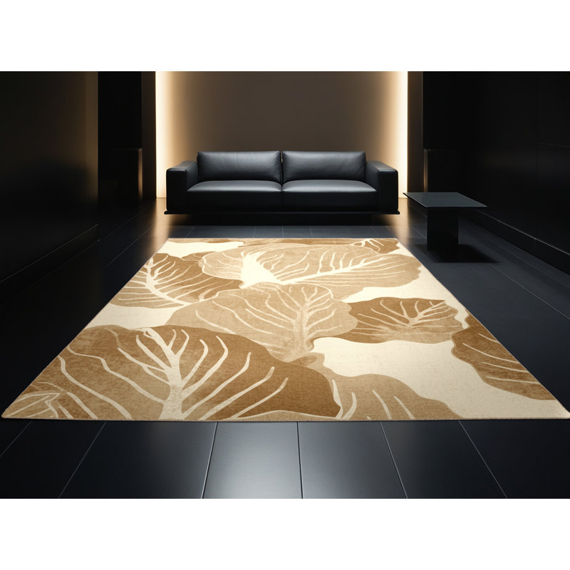 Machine Washable Templeton Cabbage Rustic Rug in Beige – Beige Binding, 5x7