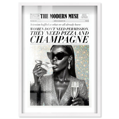 Pizza and Champagne Shadowbox Print Glam Wall Art by Notoriart, Blonde Frame, 16 x 24