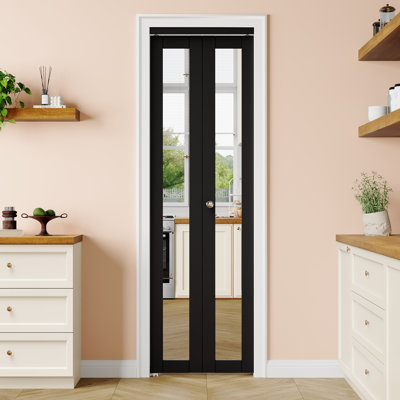 Portes pliantes pliantes pliantes 24 po x 80 po avec miroir 1-Lite et porte intérieure pliante en bois manufacturé massif, haute définition, imperméable et durable avec trousse de quincaillerie d'installation (Idée pour garde-robe, garde-manger, buanderie, salons et salles de bain) ))