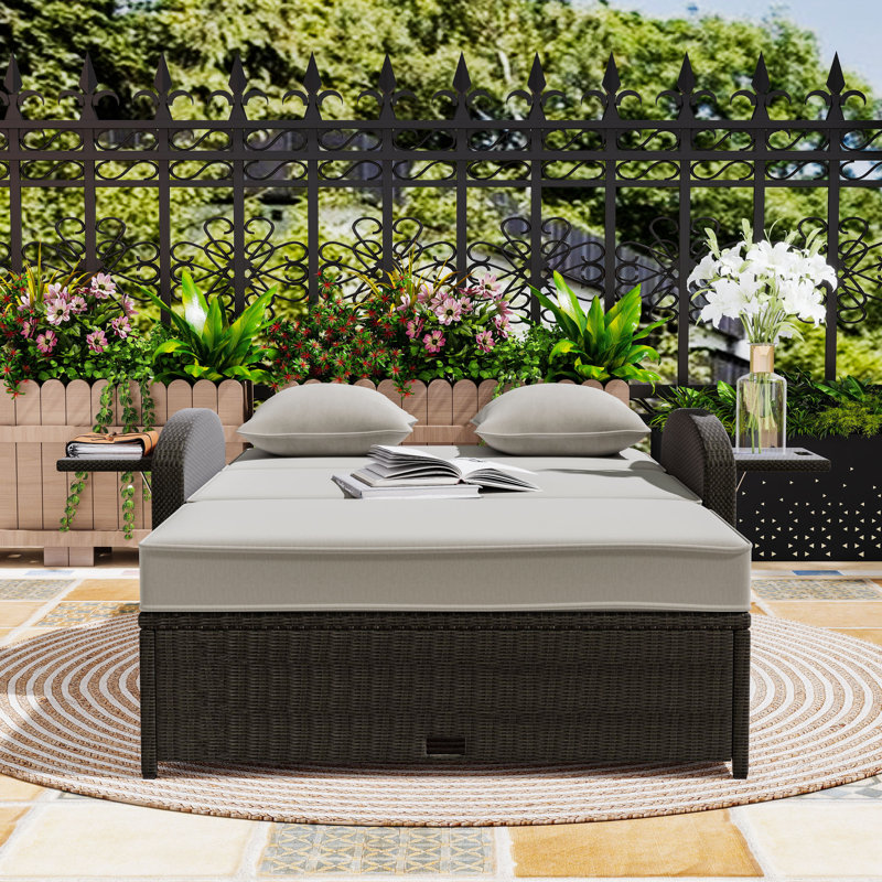 Chaise longue double en PE avec dossier réglable, repose-pieds et coussin confortable, Brun, Gris
