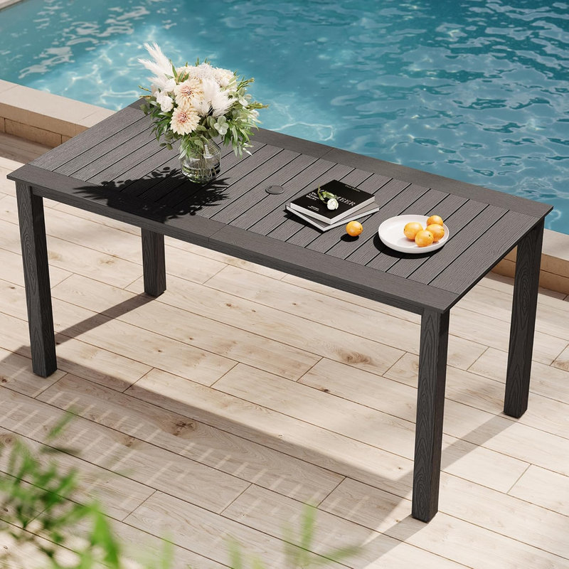 Table de salle à manger de patio rectangulaire très longue avec trou pour parasol intégré HiPS, Gris