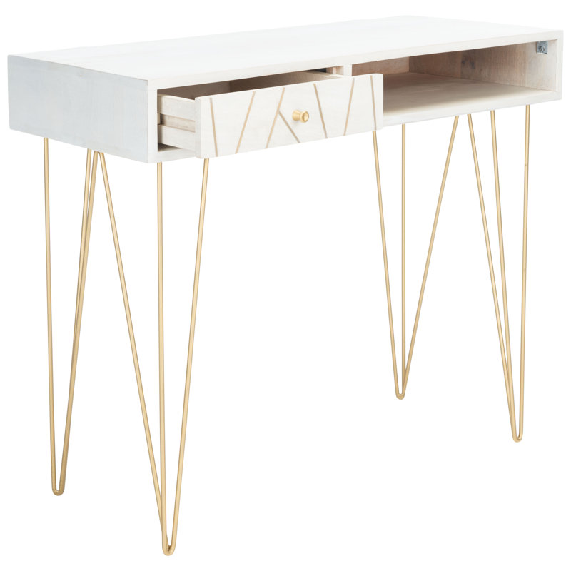 Resch Solid Wood Top Metal Base Writing Desk, White Wash/Brass