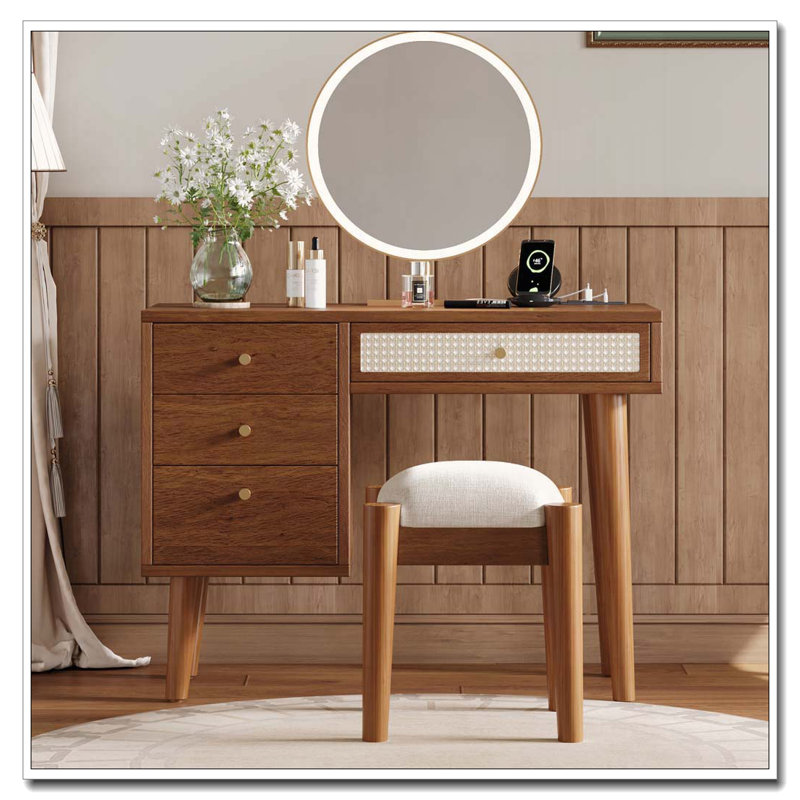 Ensemble de coiffeuse 39 "en bois avec tabouret Retro Bohemian