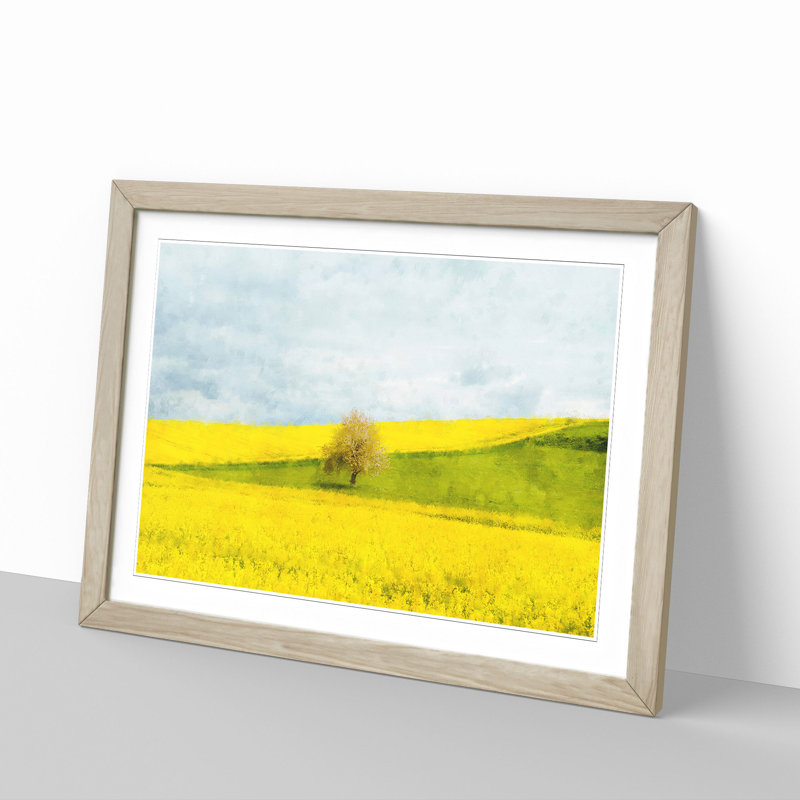 Lone Tree in a Yellow Meadow - Picture Frame Graphic Art Print, Oak Framed, 33cm H x 45cm W x 2cm D