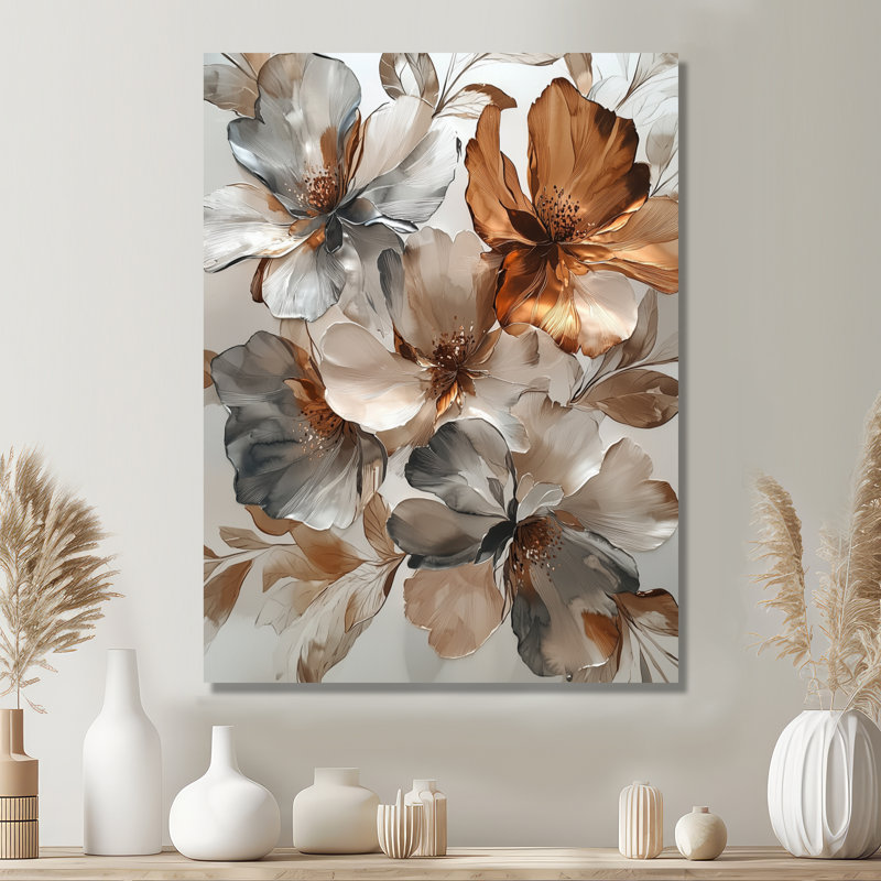 Metallic Copper And Chrome Abstract Flowers II - Abstract Flowers Metal Wall Decor, 20" H x 12" W