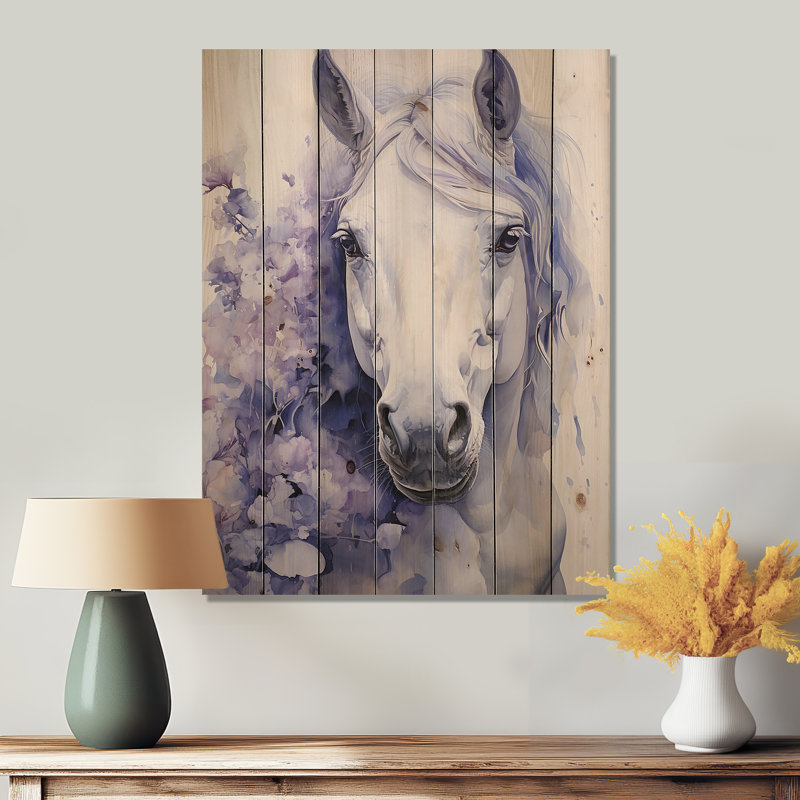Cheval mauve blanc avec contour pointillisme sur bois, H 32 po x l 24 po x P 0,78 po