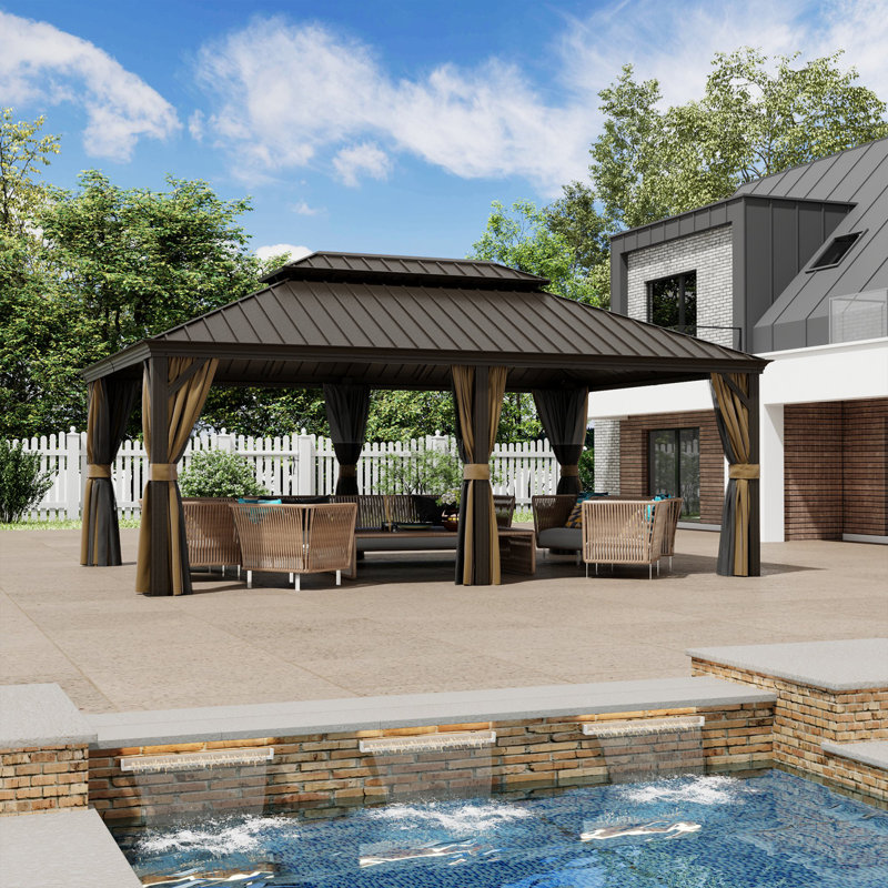  14 ft x 20 ft Hardtop Gazebo With Galvanized Steel Double Roof, Aluminum Frame, Netting & Curtains For Indoor/outdoor Garden, Backyard, Deck & Lawn