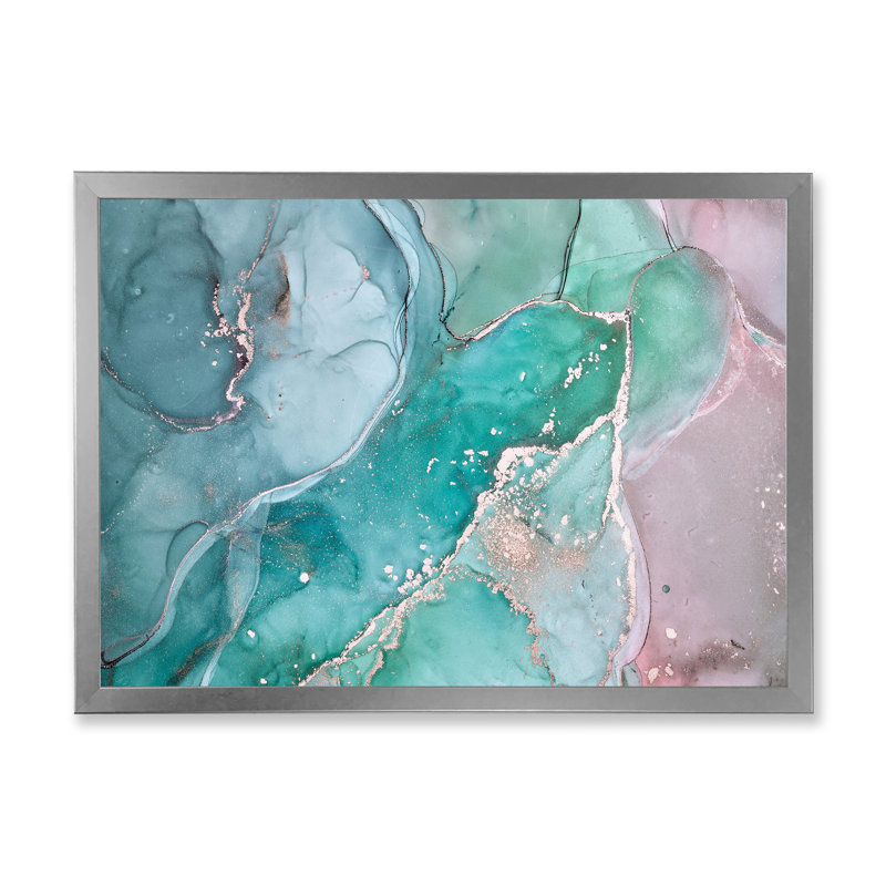 Marbre abstrait turquoise - peinture sur toile, H 12 po x l 20 po, Cadre de coin argenté fermé