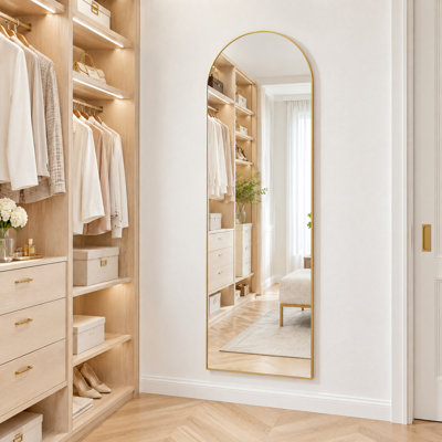 Miroir sur pied arqué de 142 x 38 cm, à poser ou à fixer au mur, doré