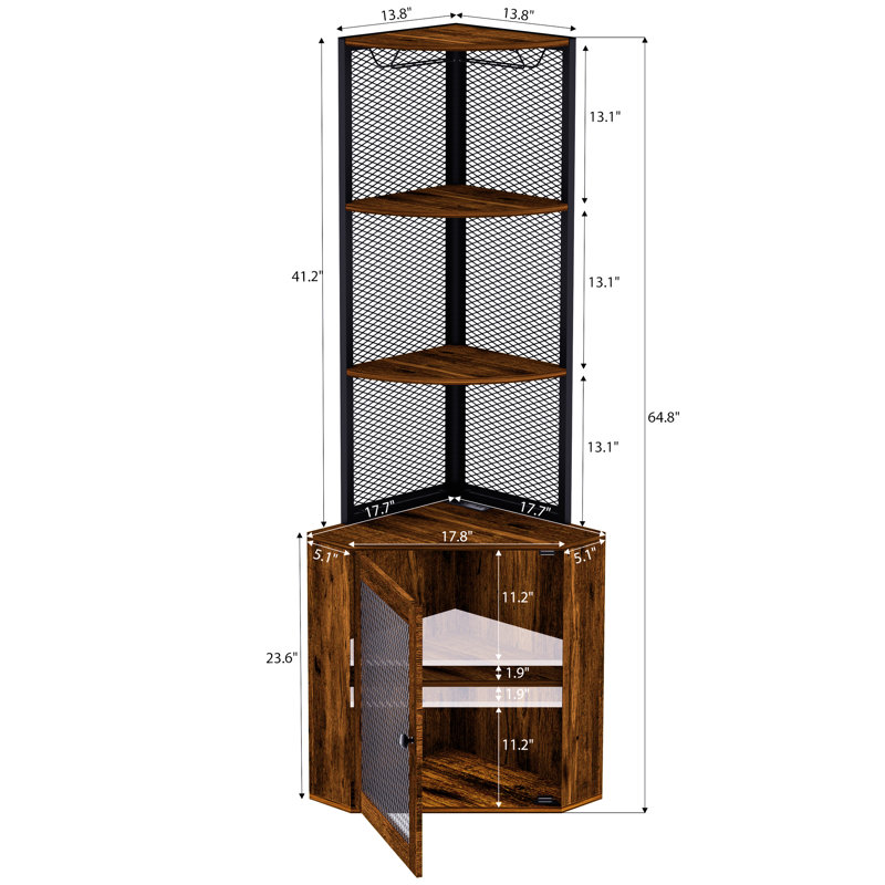 Étagère d'angle rustique de 65 po avec portes, étagères de rangement à 6 niveaux et cadre, pour le salon, support à verres à vin pour armoire de bureau, tablette stable, balcon autoportant, cuisine