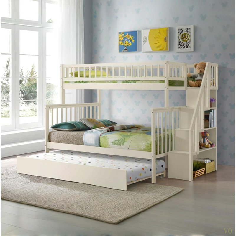 Lit simple superposé au dessus d'un escalier avec lit gigogne, Cream