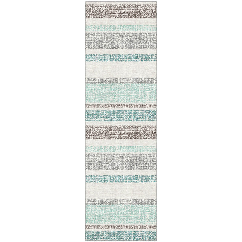 Premium Machine Washable Mayfield AMF2122 Striped Rug, 2'3" x 7'6" Runner, Teal