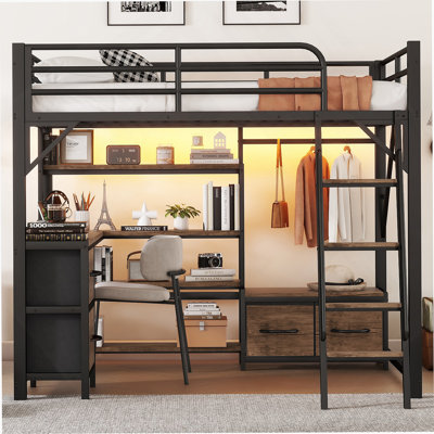 Full Size Loft Bed With Desk And Light, Metal Loft Bed With Storage Shelves, Wardrobe And Drawers For Boys Girls(Old SKU W2593S00032)
