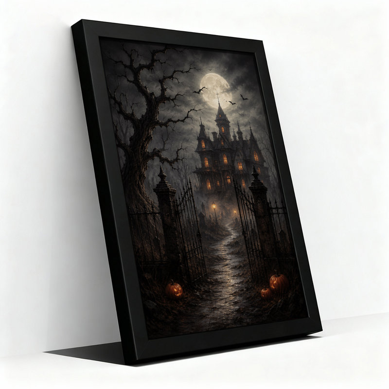 Art mural sur toile, "Haunted Mansion" avec pleine lune et citrouilles, H 18 po x l 12 po