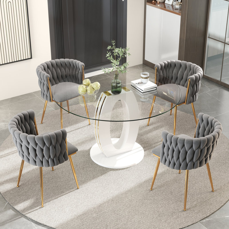 Modern Round Tempered Glass Pedestal Dining Set with Velvet Woven Dininig Chair, Gray/Gold, White/Gold
