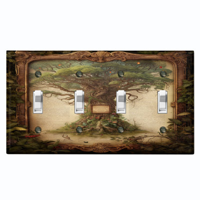 Metal Light Switch Plate Outlet Cover (Green Tree Of Life Frame - Quadruple Toggle)