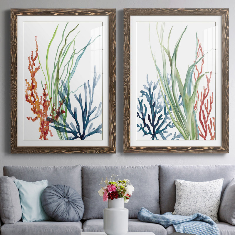 Océan jardin I - ensemble de 2 reproductions d'art, H 37,5 po x l 27,5 po, Impression encadrée avec passe-partout, Érable
