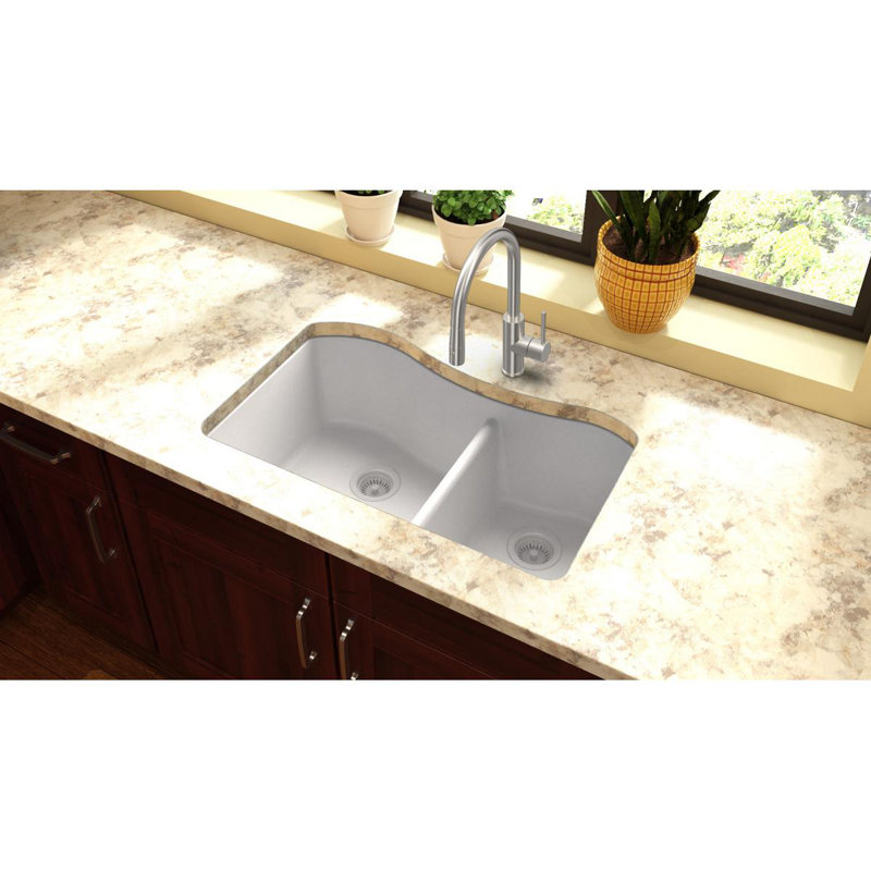 Quartz Classic 32-1/2" x 20" x 10" Double Basin Undermount Kitchen Sink, White