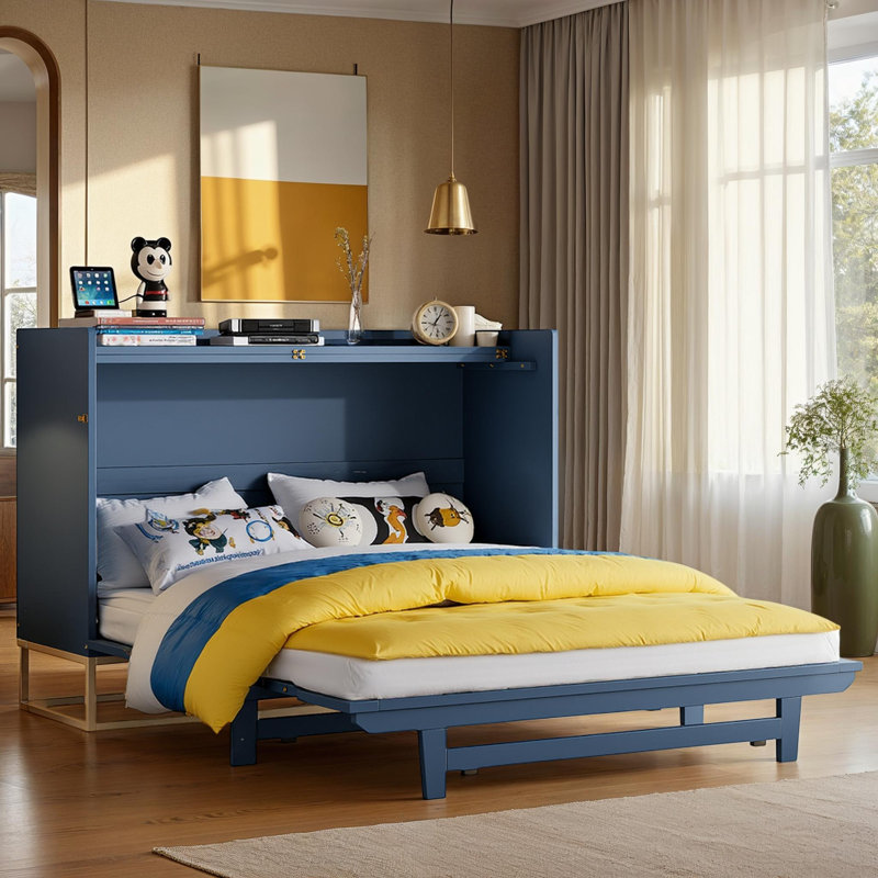 Queen Murphy Bed with Upright Cabinet Design, Space-Saving Foldable Bed for Compact Living, Blue
