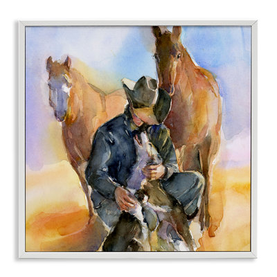 Cowboy & Animals Watercolor by John Keeling Single Picture Frame Print on Canvas