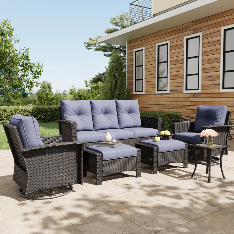 Lark Manor™ 6 Piece Wicker Patio Furniture Set, Classis Outdoor Conversation 360 Degree Swivel Chairs Set with Coffee Table