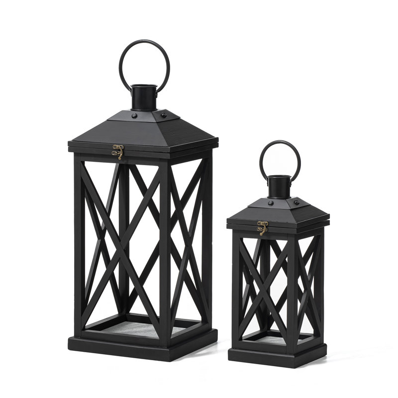 Ensemble de 2 lanternes de table en bois et métal pour l'intérieur et l'extérieur, Noir