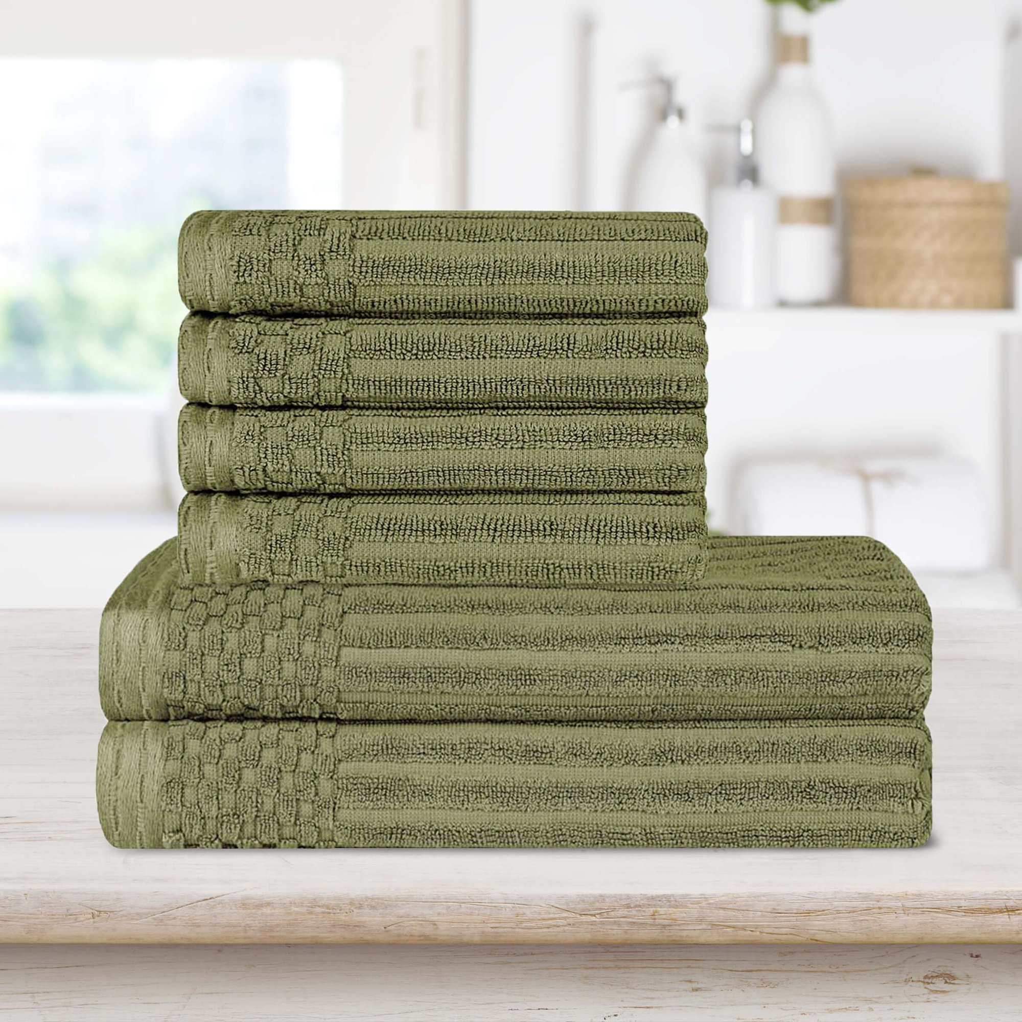 Ribbed Cotton Absorbent Heavy Hand and Bath Towel Set, Sage
