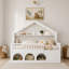 Lit double pour enfant avec toit Montessori, lumières DEL, garde-corps, tiroirs de rangement et casier, blanc-133673354-133673353