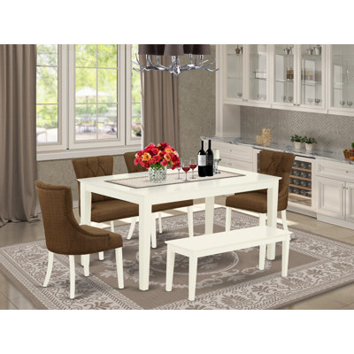 6 Piece Dining Set Contains a Rectangle Dining Room Table and 4 Brown Linen Fabric Parson Chairs with a Bench, Linen White