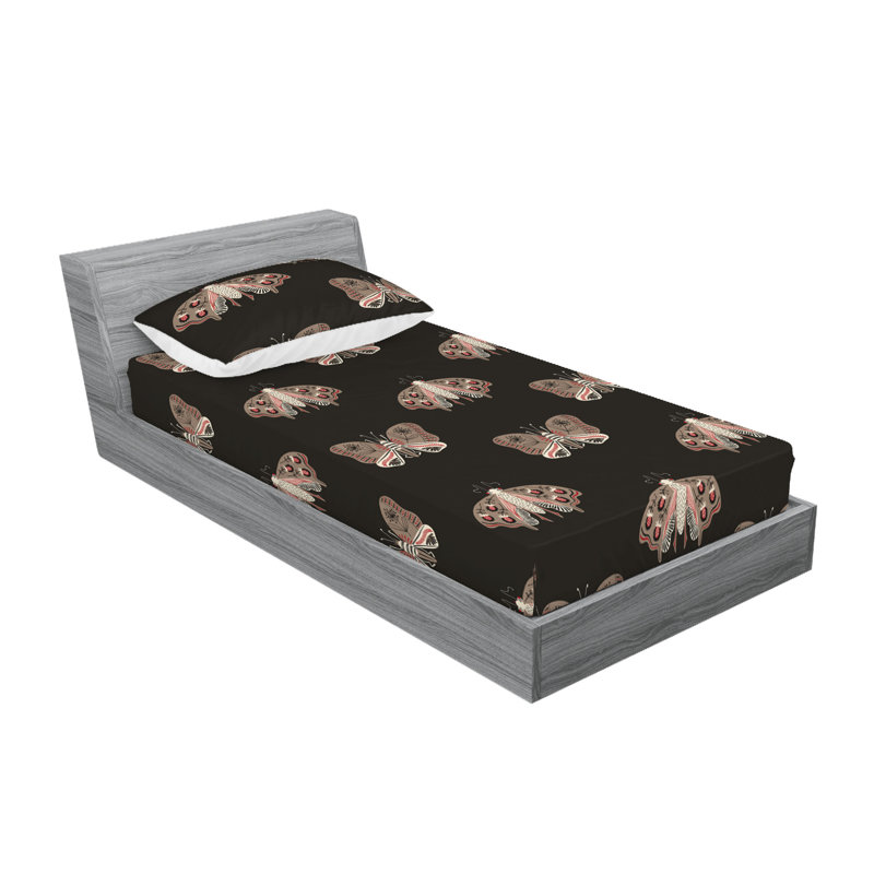 Ambesonne Fitted Sheet & Sham American Traditional Moth Cocoa Charcoal Grey and White, Twin Sheet Set with 1 Pillowcase