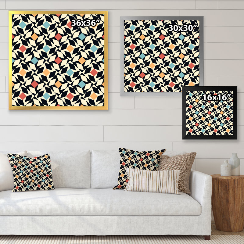 «Blue Orange and Red Retro Geometrics I», reproduction d'art sur toile, H 36 po x l 36 po x P 1 po, Cadre photo noir
