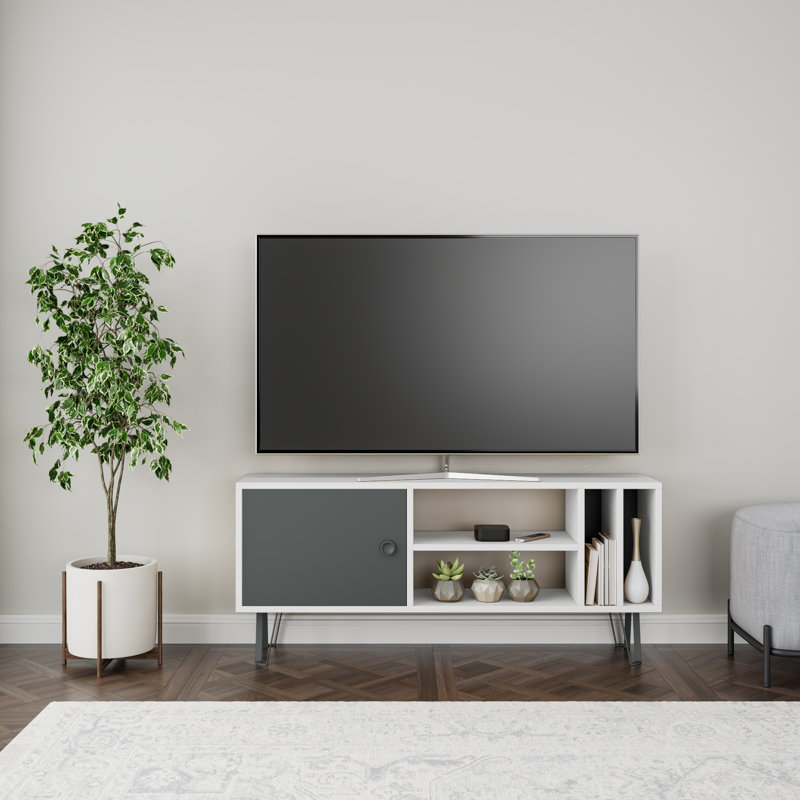 Modern TV Unit with Wall-Mount Option, White w/ Anthracite, 47.2 x 9.8 x 20.3 inches | 100% Melamine Coated Particle Board, Thickness: 0.7 inches | Features Multiple Shelves for Organized Entertainment Display