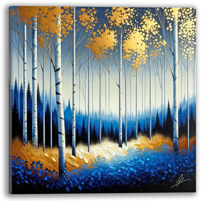 «Golden Birch Trees in Blue Autumn Forest», art mural