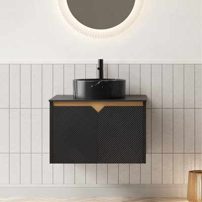 Meuble-lavabo 24 po, meuble de rangement mural en contreplaqué flottant, portes doubles en sergé avec garniture en métal, lavabo rond en céramique noire avec motif en pierre et plateau en pierre frittée noire, noir
