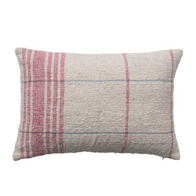24 Inches Woven Cotton Slub Lumbar Pillow with Grid Pattern, Natural and Red