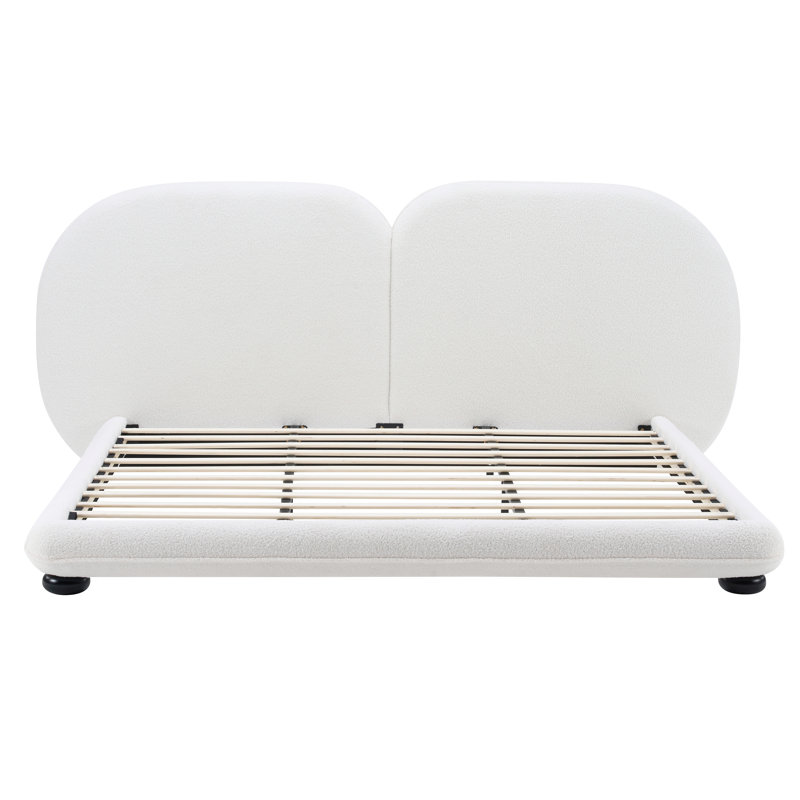 Structure de lit tapissier très épais avec tête de lit fendue luxueuse, tissu molletonné Teddy, blanc, très grand