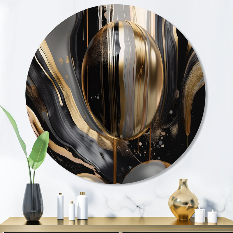 Marbre captivant doré et noir III - Art abstrait rond en métal marbré, H 36 po x l 36 po x P 1 po