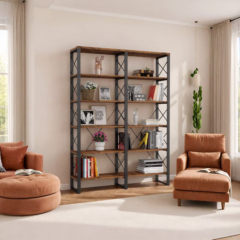 Keedie 70" 5-Tier Double Wide Etagere Bookcase, Dark Brown