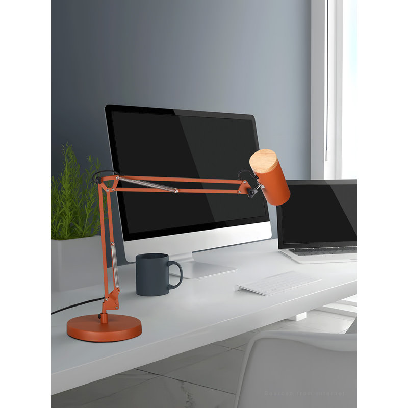 Perce Plug-in Adjustable Metal Desk Lamp Architect Swinging Arm Table Light with Clamp, Red