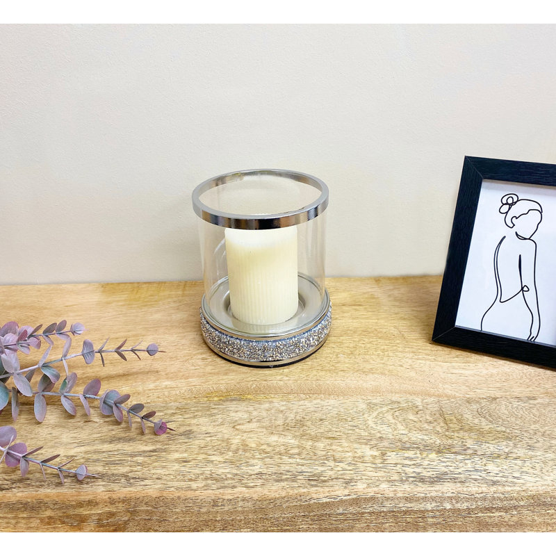 Glass Tabletop Candlestick with Candle Included, 16.5cm H x 13.6cm W x 14cm D